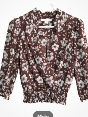 Monteau LA Women Sz M Top Blouse Retro Vintage Brown White V-neck Elastic Waist